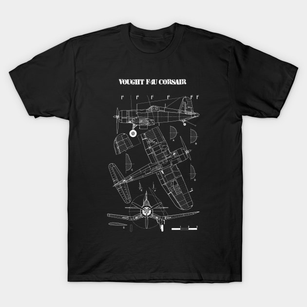 F4U Corsair | World War 2 Plane Blueprint T-Shirt by Distant War